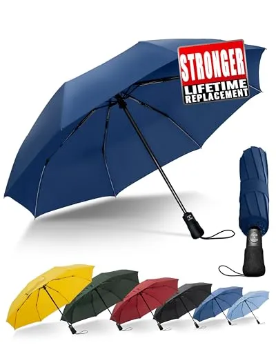 Chakipee Groß Sturmfest Kompakter Reise Regenschirm – Automatik Taschenschirm für Herren und Damen, 8 Rippen Schirm Tragbarer 210T-Stoff 97 cm Spannweite Dunkelblau