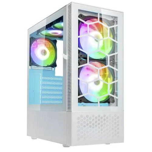 Kolink Observatory MX Glass ARGB Midi Tower Gehäuse - Weiß - Elegantes Midi-Tower Gehäuse mit Tempered Glass und 5 ARGB PWM Lüftern, ideal für leistungsstarke Gaming-Systeme und ATX-Mainboards.