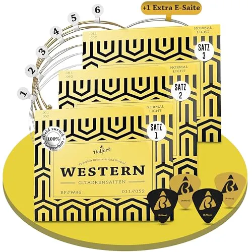 BELFORT® Gitarrensaiten für Westerngitarre - Premium Phosphor-Bronze (3x6 Saiten-Set) Western-Gitarre & Akustikgitarre BONUS 4 Plektren + Extra hohe acoustic E-Saite (Gitarrensaiten Akustikgitarre)