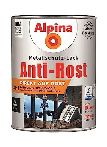 Alpina Metallschutzlack matt – Schwarz - Lacke mit 3-in-1-Rostschutz-Technologie, ideal für dauerhaften Korrosionsschutz und witterungsbeständige Metalloberflächen.