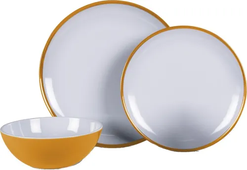 Kampa Sunset Yellow 12-teiliges Geschirr-Set - Campinggeschirr aus Melamin, leicht und kratzfest, ideal für Outdoor-Aktivitäten. Das Set enthält 4 Frühstücksteller, 4 Schüsseln und 4 Essteller – spülmaschinenfest und einfach zu reinigen.