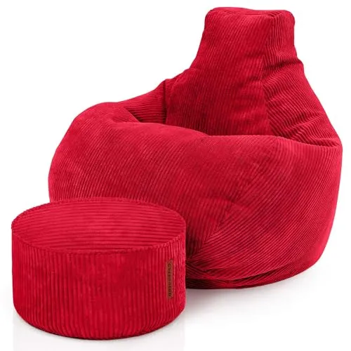 Green Bean® Sitzsack mit Hocker aus Cord - Komfortabler Sitzsack für Wohnzimmer und Schlafzimmer in Rot - Genießen Sie entspannende Momente mit diesem eleganten Sitzsack aus hochwertigem Kordstoff. Ideal für zusätzlichen Komfort und Gemütlichkeit in jedem Raum – leicht zu bewegen und perfekt für Gäste.