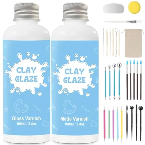 100ml air dry clay glaze und 30pcs modellierwerkzeug,ton glasur ohne brennen Schützt die Keramik vor Oberflächenverschleiß und kann zum Stippeln,Schnitzen,Gießen verwendet werden (Glanz und Matt) 2 x
