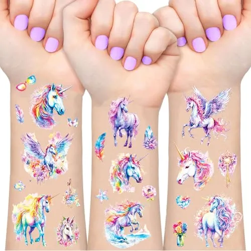 Einhorn Glitzer Tattoo Set Kinder, 12 Blätter Einhorn Fake Tattoos für Kinder, Unicorn Geschenke für Mädchen, Geburtstag Party Geschenk Kleine, Hautfreundliche Temporäre