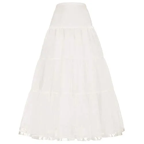 Linghe 50er Langer Petticoat gekräuselte Krinoline Vintage Hochzeit Braut Petticoat für Brautkleider Unterrock Rockabilly Tutu Rock (Weiß, M)
