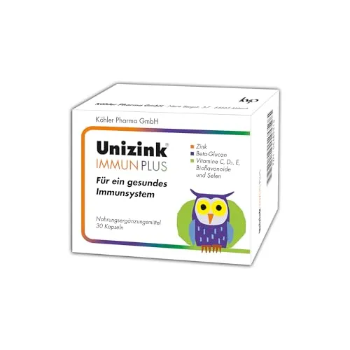 Unizink IMMUN PLUS – Nährstoff-Komplex mit Zink, Vitamin C, D3 und E sowie Selen, Bioflavonoiden und Beta-Glucan, unterstützt eine normale Funktion des Immunsystems, gluten- & laktosefrei, 30 St