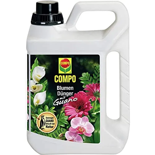 Compo Blumendünger mit Guano flüssig 2,5 l - Hochwertiger Flüssigdünger für alle Pflanzenarten, angereichert mit echtem Guano für kräftiges Wachstum und Blütenpracht. Einfache Dosierung und bewährte Qualität für gesunde Pflanzenpflege.