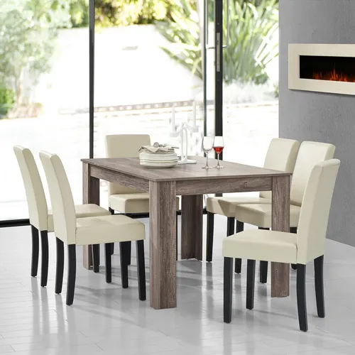[en.casa] Essgruppe Forssa 7-tlg 140x90 cm Eiche Antik / Creme - Stilvolle Essgruppe in edlem Eichen-Design, ideal für bis zu 6 Personen. Die Kombination aus stabilen Möbeln und pflegeleichten Materialien schafft ein modernes Landhaus-Ambiente.