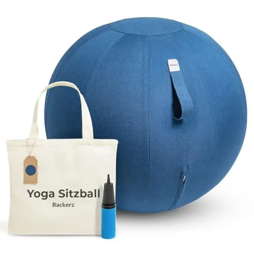 Backerz Sitzball Büro Ergonomisch 55 cm, Ergonomische Sitzmöbel für Büro und Heimbüro, Langlebiger Stoff, Gymnastikball - Fitness-Ball, Ballstuhl mit Ballauflage - Waschbarer Leinenbezug - Dunkelblau
