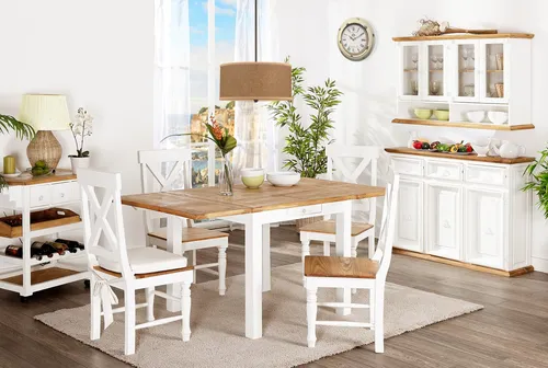 Esstisch Küchentisch mit 2x Verlängerung aus massivem Pinienholz in Weiß - Eleganter Esstisch im Shabby Chic Design, ideal für gesellige Runden. Massivholz garantiert Stabilität und Langlebigkeit. Maße: 90x90 cm, erweiterbar für mehr Platz.