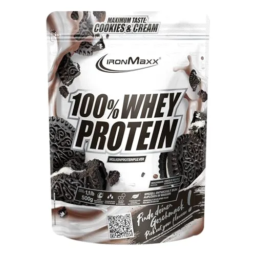 IronMaxx 100% Whey Protein - Cookies & Cream, 500 g Beutel - Protein Shakes & Muskelaufbau, hochwertiges Whey Protein für schnellen Muskelaufbau und köstlichen Genuss in Cookies & Cream Geschmack.