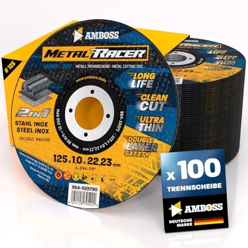 100x Metall-Trennscheibe Ø 125 x 1 x 22.23mm - Die Metalltrennscheibe Metal Racer by AMBOSS WERKZEUGE ist geeignet für Stahl & Edelstahl, Stahl/Inox Trennscheibe 125 passend für Winkelschleifer