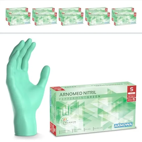 ARNOMED Einweghandschuhe Grün (10x100) - Premium Nitrilhandschuhe - Die ARNOMED Einweghandschuhe bieten besten Schutz durch dickes, reißfestes Nitril. Ideal für vielfältige Anwendungen, auch in der Gastronomie. In diesem Bundle erhalten Sie 10 Boxen à 100 Stück.