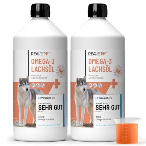 ReaVET Lachsöl Hunde 1 Liter im 2er Set – Hochdosiertes Fischöl für glänzendes Fell - Fischöl für Hunde, reich an Omega-3 & 6, unterstützt glänzendes Fell und gesunde Haut. 100% natürlich und ohne Zusätze, ideal für alle Rassen und Altersgruppen.