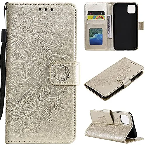 CoverKingz Handy Case kompatibel mit iPhone 13 - Handy Cover mit Kartenfach Phonecase - Smartphone Hülle klappbar Motiv Mandala Gold