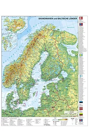 Skandinavien und Baltikum physisch mit UNESCO Welterbestätten und Nationalparks Wandkarte Poster NEUE AUFLAGE