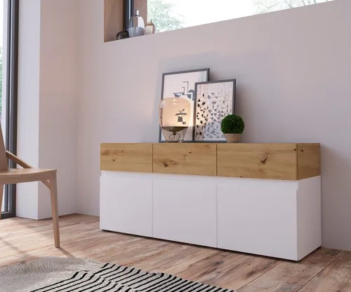 INOSIGN Lowboard Rimini, 135 cm in Weiß - TV-Halterung mit modernem Design, bietet großzügigen Stauraum mit 9 Fächern und 3 Schubladen für eine individuelle Wohnraumgestaltung.