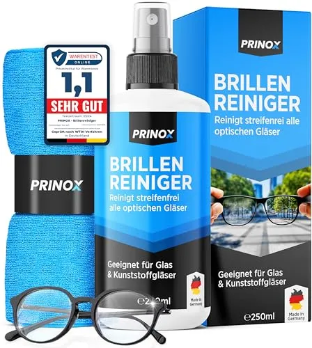 PRINOX Brillenreiniger Set 250ml mit Mikrofaser Tuch - Brillen-Pflegemittel für alle Brillengläser, entfernt mühelos Fettflecken und Fingerabdrücke, inklusive hochwertigem Mikrofaser Tuch für optimale Reinigung.