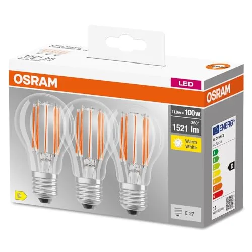 Osram LED-Lampe E27, Warm weiß, 11 W, 3er-Pack - Energiesparende LED-Lampen für E27-Sockel, idealer Ersatz für 100-W-Glühbirnen, klar und umweltfreundlich, für vielfältige Anwendungen geeignet.