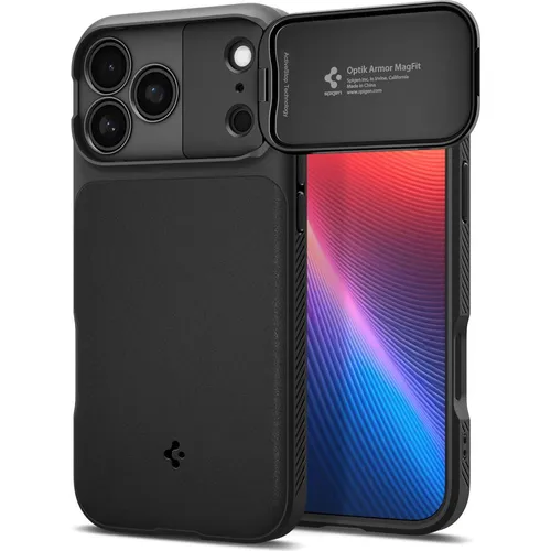 Spigen iPhone 17 Pro Hülle mit Kamera-Schutz und Metallständer – Schwarz - Robuste Hülle mit Lens Protection Technology schützt die Kameralinsen vor Kratzern und bietet 180° Metallständer für flexibles Freihand-Viewing. Dreischichtiger Schutz und militärischer Fallschutz für maximale Sicherheit.