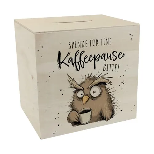 Eule Spardose aus Holz mit Spruch Spende für eine Kaffeepause Ideal für Morgenmuffel kaffeeabhängige Kollegen im Büro Perfekt für Chef-Geschenke und Kaffeepausen