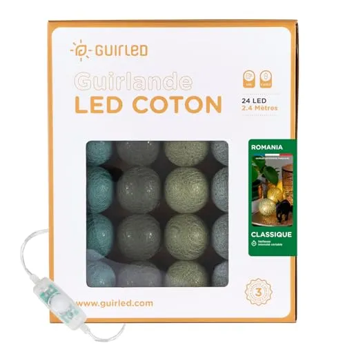GuirLED - LED Baumwollkugeln Lichterkette USB - Baby Nachtlicht 2h - Dual USB 2A Netzteil enthalten - 3 Intensitäten - 24 Kugeln 2.4m - Romania