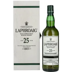 Laphroaig 25 Years Old Islay Single Malt Scotch Whisky 2023 - Exklusiv in Holzkiste - Whisky, 25 Jahre gereift in ex-Bourbon-Fässern, mit komplexem Geschmack und maritimer Tiefe – ideal für Sammler und Genießer.