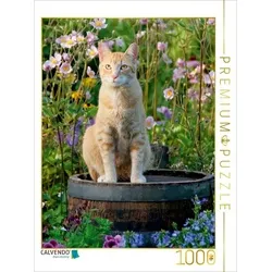 CALVENDO Puzzle CALVENDO Puzzle Rote Katze auf Holzfass im blühenden Garten 1000 Teile Lege-Größe 48 x 64 cm Foto-Puzzle Bild von Katho Menden, 1000 Puzzleteile