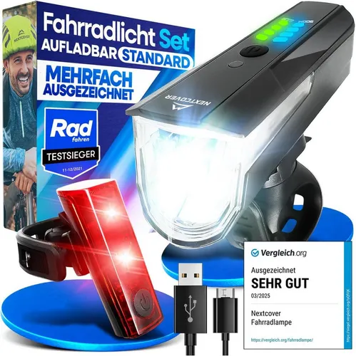 Nextcover Fahrradbeleuchtung Set mit LightSense Sensor - Fahrradbeleuchtungsset mit 11h Akkulaufzeit und 80 Lux Helligkeit, ideal für sicheres Fahren bei Dunkelheit.