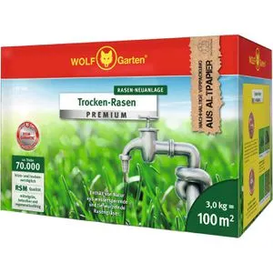 Wolf-Garten Rasensamen L-TP 100 Trocken-Rasen, 3kg - Trockenheitsresistente Premium-Rasensaat für nährstoffarme Böden, ideal für Neuanlagen bis 100m². Profitieren Sie von 25% Cashback und einem strapazierfähigen, wintergrünen Rasen!