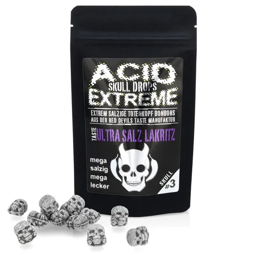 Acid Skull Drops Bonbon – extrem salziges Lakritz Totenkopf – 75 g – Hotskala 0