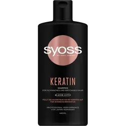 SYOSS Kraftvolles Keratin Shampoo 440 ml - Shampoo für schwaches und brüchiges Haar mit 90 % natürlichen Inhaltsstoffen. Tiefenreparatur und Glättung dank Keratin und Blauer Lotus für gesundes, glänzendes Haar.
