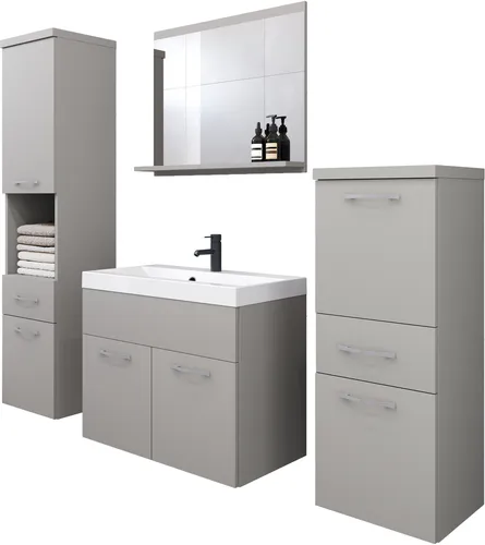 Badmöbel-Set WELLTIME "ELDA" 120cm - Badmöbel-Set mit Waschtisch, Waschbecken und Spiegel, hochwertige melaminbeschichtete Oberflächen, ideal für ein modernes Badezimmer, inklusive praktischer Hängeschränke für optimalen Stauraum.