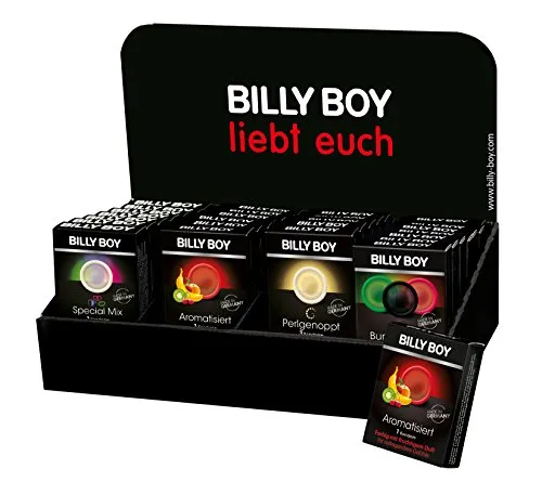Billy Boy Thekendisplay Kondome, 84 Stück - Kondome für Männer, 84 Stück im Mixsortiment für mehr Spaß, aus Naturkautschuklatex, einzeln elektronisch geprüft und in praktischen Polybeuteln verpackt.