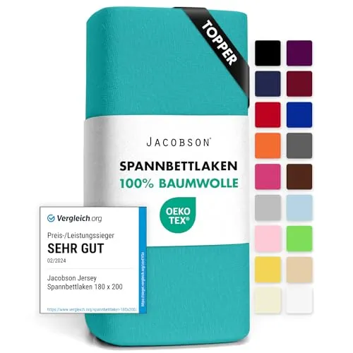 Jacobson Jersey Spannbettlaken Spannbetttuch Baumwolle Bettlaken (Topper 140-160x200 cm, Türkis)