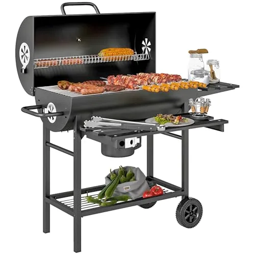 Outsunny Holzkohlegrill BBQ Smoker mit Thermometer und Rädern - Geräumiger Holzkohlegrill mit 2312 cm² Grillfläche für bis zu 10 Würstchen. Integriertes Thermometer und klappbare Seitentische für praktische Nutzung beim Grillen im Garten oder beim Camping.
