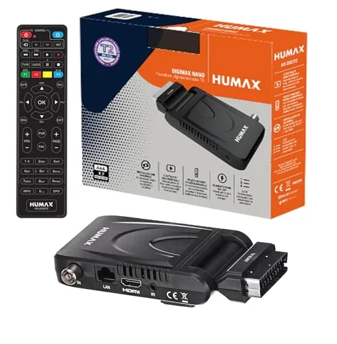 Humax DVB-T2 HD-2023T2 Digimax Nano Decoder - TV-Receiver mit 1080p Full HD, H.265 HEVC Tuner und 2-in-1 Fernbedienung für einfache Steuerung von Decoder und Fernseher.