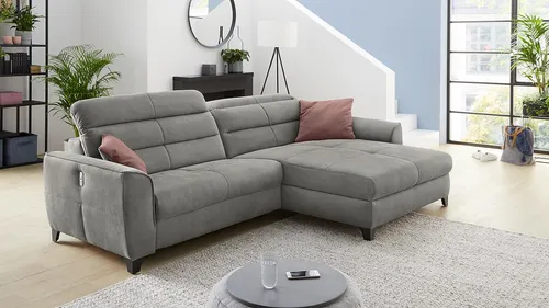 Ecksofa Wohnlandschaft Double One hellgrau mit Relaxfunktion - Sofa für Erwachsene, 4 Sitzplätze, modern und komfortabel. Mit elektrischer Relaxfunktion und USB-Ports für entspanntes Sitzen im Wohnzimmer.