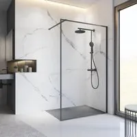Walk In SCHULTE Trend 2.0 ExpressPlus 120 cm - Badezimmerschränke, elegante Duschabtrennung mit schwarzem matt Profil und Klarglas für ein modernes Bad-Design.