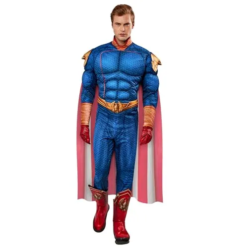 Rubies Homelander Deluxe Kostüm für Erwachsene, Jumpsuit mit digital bedruckter Muskelbrust, Umhang und Handschuhe, offizielles The Boys für Karneval, Halloween, Weihnachten und Partys