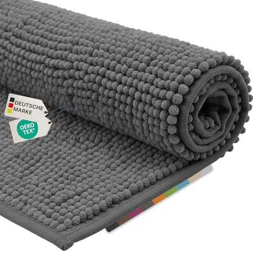 NYVI Badematte Chenille grau 60x90 cm - Rutschfeste und saugfähige Badematte aus 100% Polyester, schnell trocknend und ideal für Fußbodenheizung. Pflegeleicht bei 30°C waschbar, mit OEKO-TEX® Standard 100 Zertifikat.