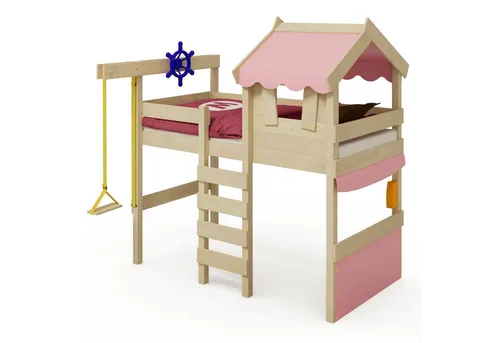 Wickey Kinderbett Hochbett aus Holz Crazy Gloomy – Robustes Abenteuerbett für Kinder (Etagenbett mit Kletterleiter für Kinder), Massivholz