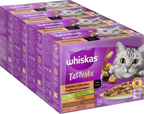 Whiskas Tasty Mix Multipack Country Collection in Sauce | 48x 85g - Katzenfutter für ausgewachsene Katzen, abwechslungsreiche Auswahl in Sauce für ein genussvolles Fresserlebnis.