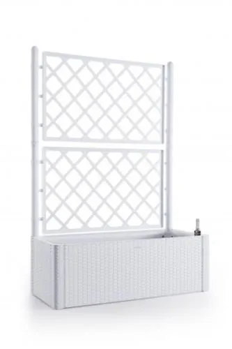 XL Rankgitter mit Pflanzkasten in Rattan-Optik - Dekorative Zäune: Moderner Pflanzkasten mit Spalier in Weiß, robust und stabil. Ideal für Garten, Terrasse und Balkon. Inkl. Wasserstandsanzeige und einfache Montage ohne Werkzeug.