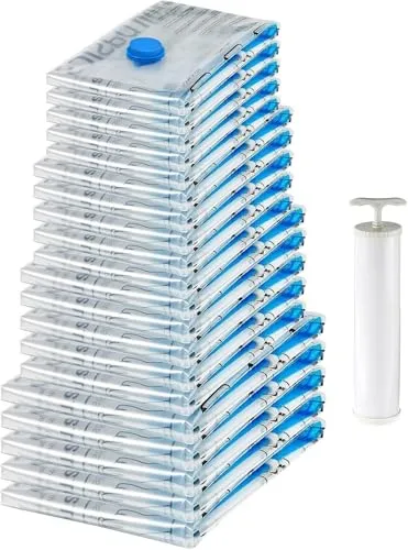 Amazon Basics Vakuum-Kompressionsbeutel mit Handpumpe, 20 Stück - Vakuum-Platzsparer: 20 Beutel in verschiedenen Größen, ideal für die platzsparende Aufbewahrung von Kleidung und Bettwaren. Inklusive Handpumpe für einfache Nutzung zu Hause oder unterwegs.