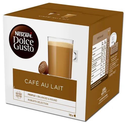 Nescafé Dolce Gusto Café au Lait - 16 Kapseln - Genießen Sie den vollmundigen Milchkaffee aus 16 Kapseln, perfekt für Ihre Dolce Gusto Maschine. Einfach zubereitet und ideal für jeden Kaffeeliebhaber.