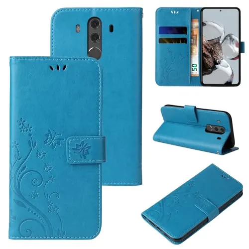 LBH Handy Hülle für Huawei Mate 10 Pro Case Handytasche Schmetterling Blumen Flower Standfunktion Schutzhülle Magnet Rundum Schutz 360 Grad Flipcase Cover Blau