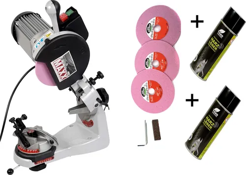 MAXX Profi Kettenschärfgerät für Sägeketten inkl. Harzlöser und Scheiben - Das MAXX Kettenschärfgerät bietet präzises, gratfreies Schärfen für alle gängigen Sägeketten. Mit automatischer Kettenklemmung und integrierter Beleuchtung für komfortables Arbeiten.