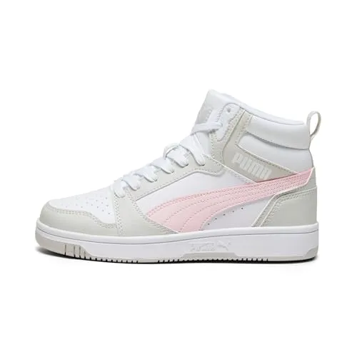 PUMA Rebound V6 Mid Jr Sneaker – Weiße und Rosa Farbgebung, 37 EU - Sneaker mit Kunstleder-Obermaterial, ideal für aktive Kids. Die Gummizwischensohle sorgt für besten Halt und Komfort bei jedem Schritt.