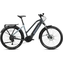 Ghost E-Teru B Essential EQ 500 Wh E-Bike Hardtail Trapez 27,5" - E-Bike Hardtail mit 500 Wh Akku, ideal für entspannte Fahrten in der Natur und urbanen Alltag, stylish in dunklem Grau und metallischem Hellblau.